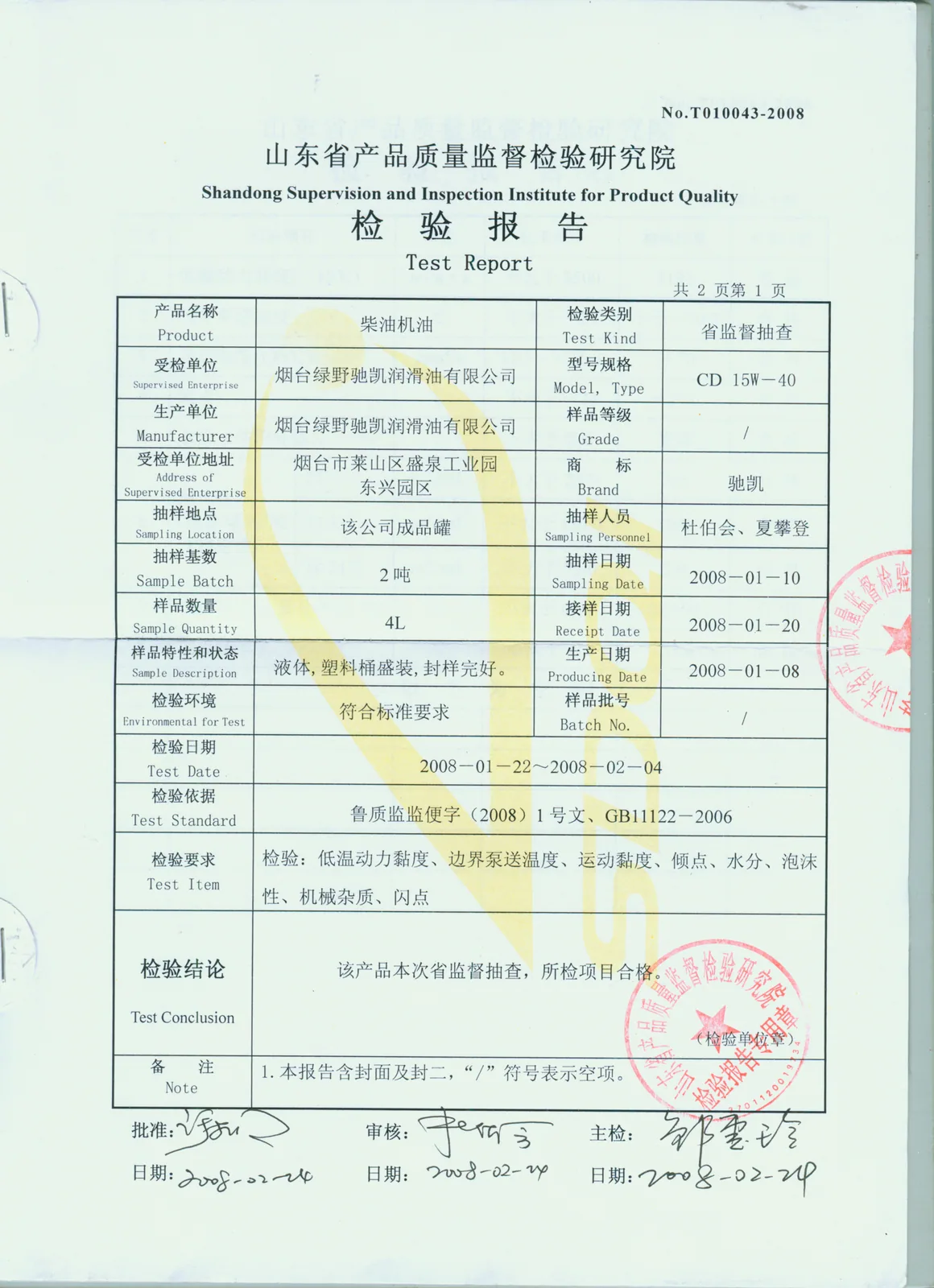 山东省产品质量监督检验研究院检验报告 — 柴油机油 CD 15W-40